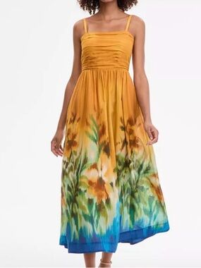 Tahari ASL Ruched Midi Dress Mustard Floral Colorful Cotton size 10 NEW